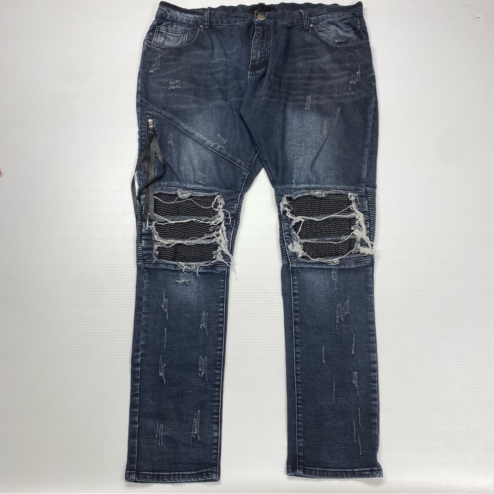 Amiri Mx1 Leather Repaired Distressed Dark Wash Blue Jeans Size 40